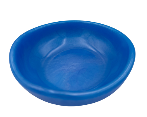 A bright blue resin bowl with a shallow, wide rim, shown from a top-down perspective on a solid white background.