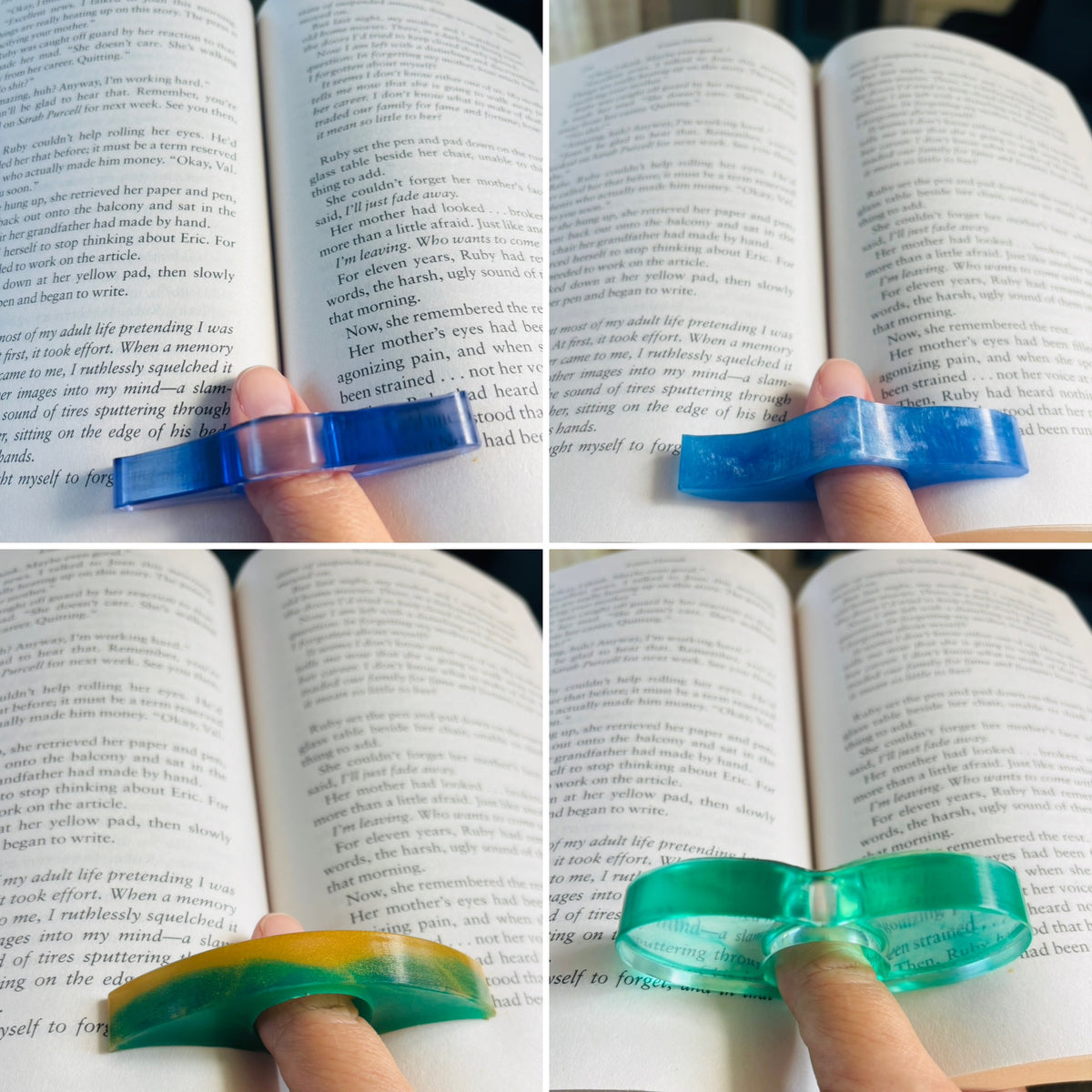 A four-panel collage showing a translucent acrylic bookmark or page marker being held over open book pages. The top-left panel shows a blue bookmark partially inserted; the top-right shows the blue bookmark held near the pages; the bottom-left shows a green bookmark partially inserted; the bottom-right shows the green bookmark held near the pages.