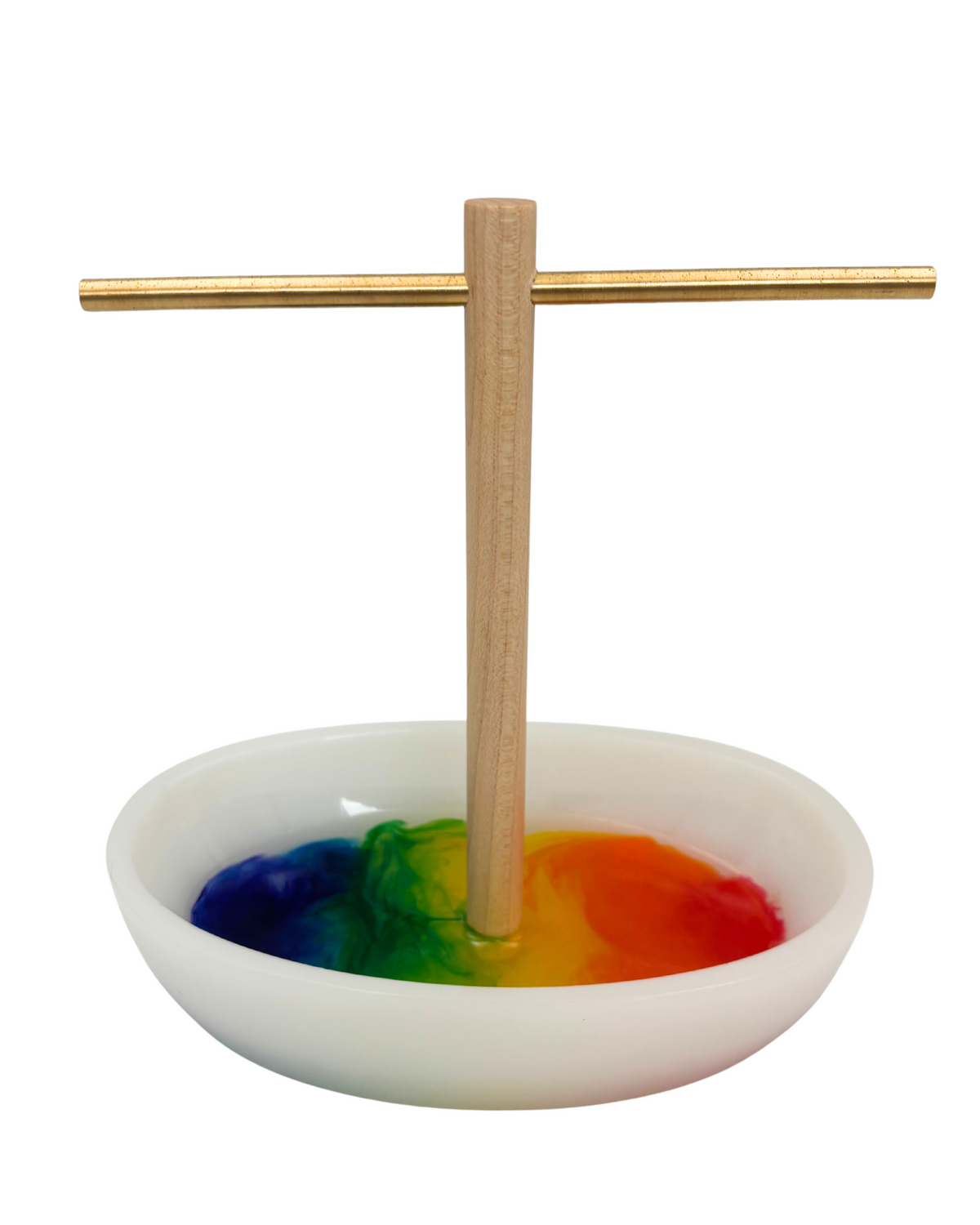 White resin tray with multicolored bottom with wooden and brass jewelry holder 