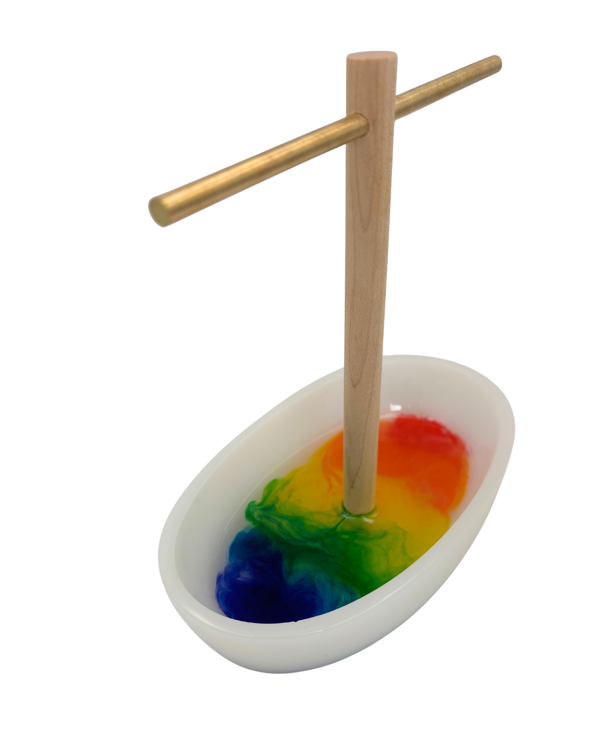 White resin tray with multicolored bottom with wooden and brass jewelry holder 