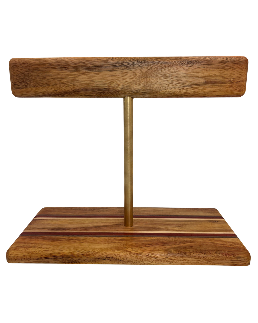 Wooden jewelry stand with a brass rod on a white background