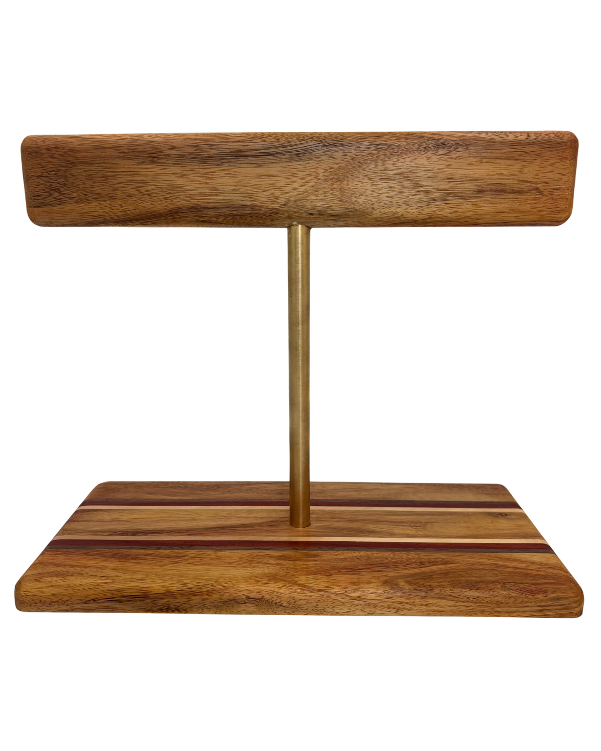 Wooden jewelry stand with a brass rod on a white background