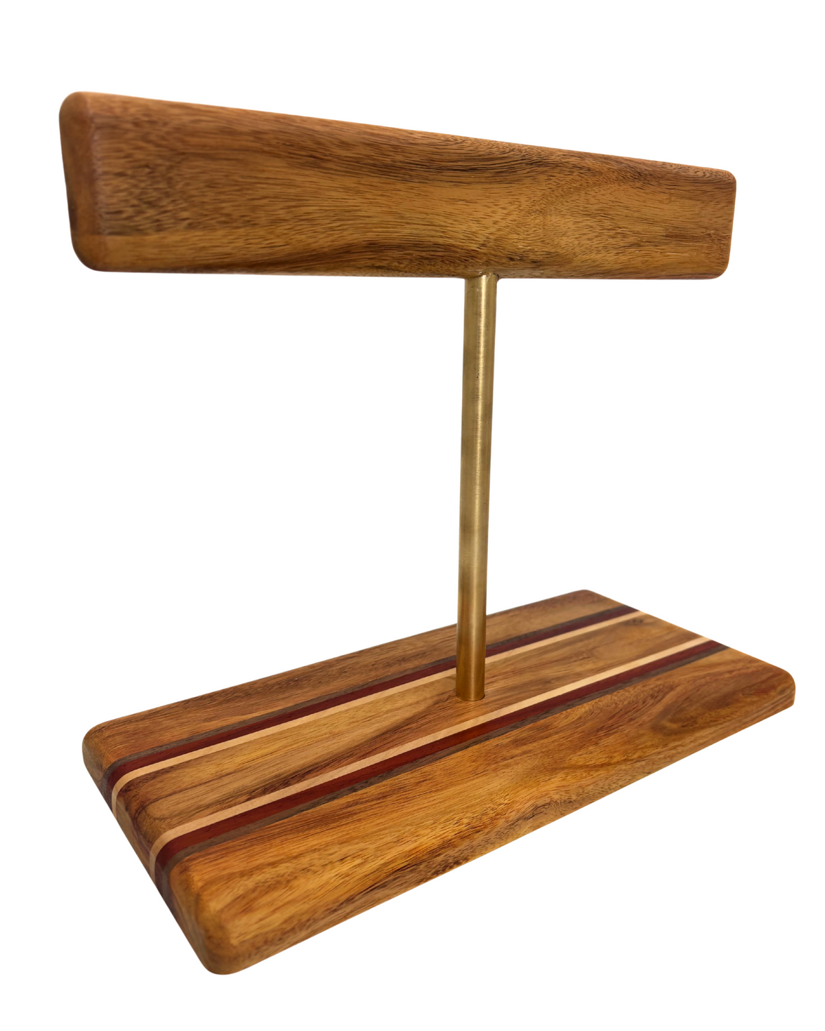 Wooden jewelry stand with a gold rod on a white background