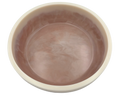 A round resin bowl with a glossy, swirled tan nterior and a smooth, off-white exterior rim, shown from a top-down perspective on a white background.
