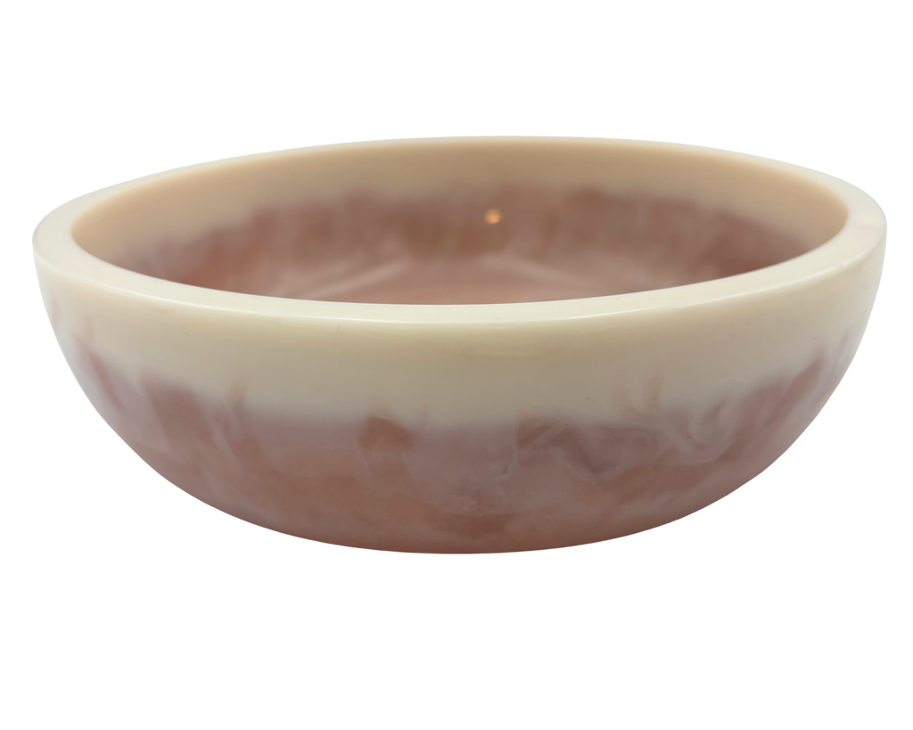 A round resin bowl with a glossy, swirled tan nterior and a smooth, off-white exterior rim, shown on a white background.