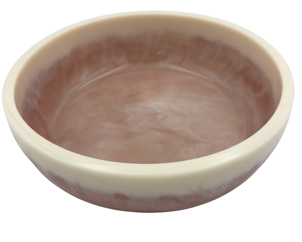 A round resin bowl with a glossy, swirled tan nterior and a smooth, off-white exterior rim, shown from a top-down perspective on a white background.