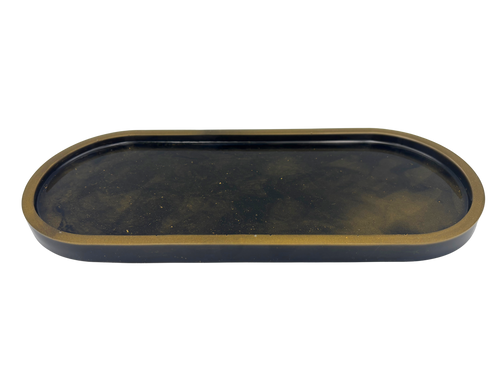 An oval-shaped tray with a dark black interior and a metallic bronze-gold rim, shown against a plain white background.