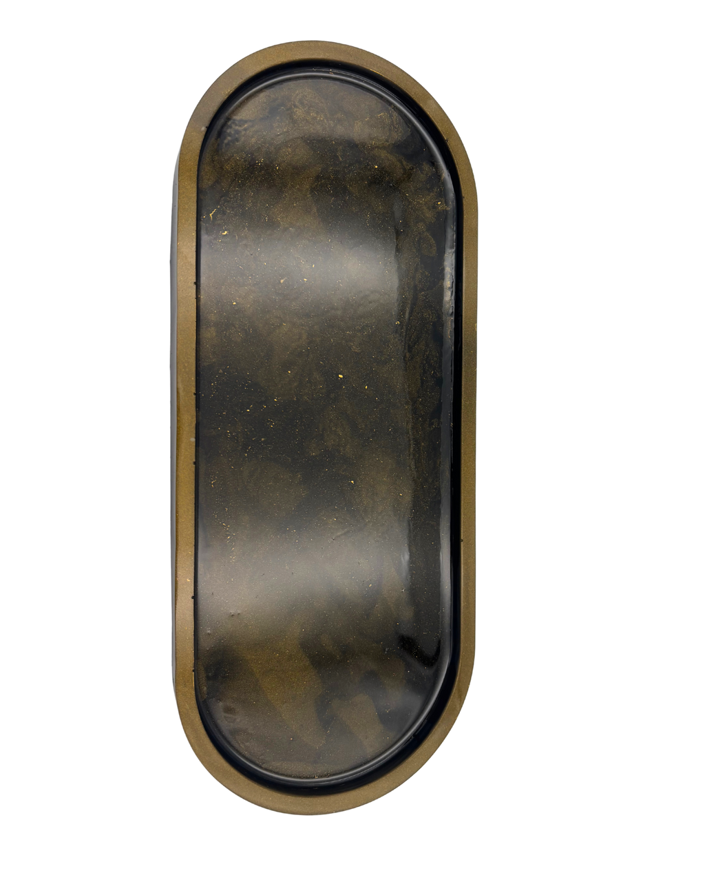 An oval-shaped tray with a dark black interior and a metallic bronze-gold rim, shown against a plain white background.
