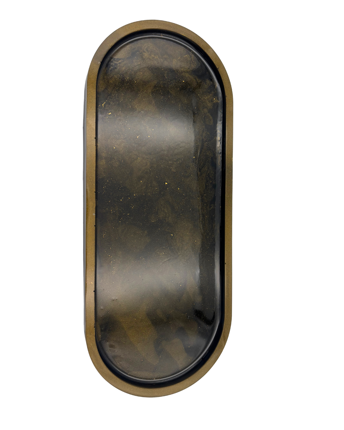 An oval-shaped tray with a dark black interior and a metallic bronze-gold rim, shown against a plain white background.