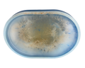 an oval resin tray with blue, white, and gold features on a white background