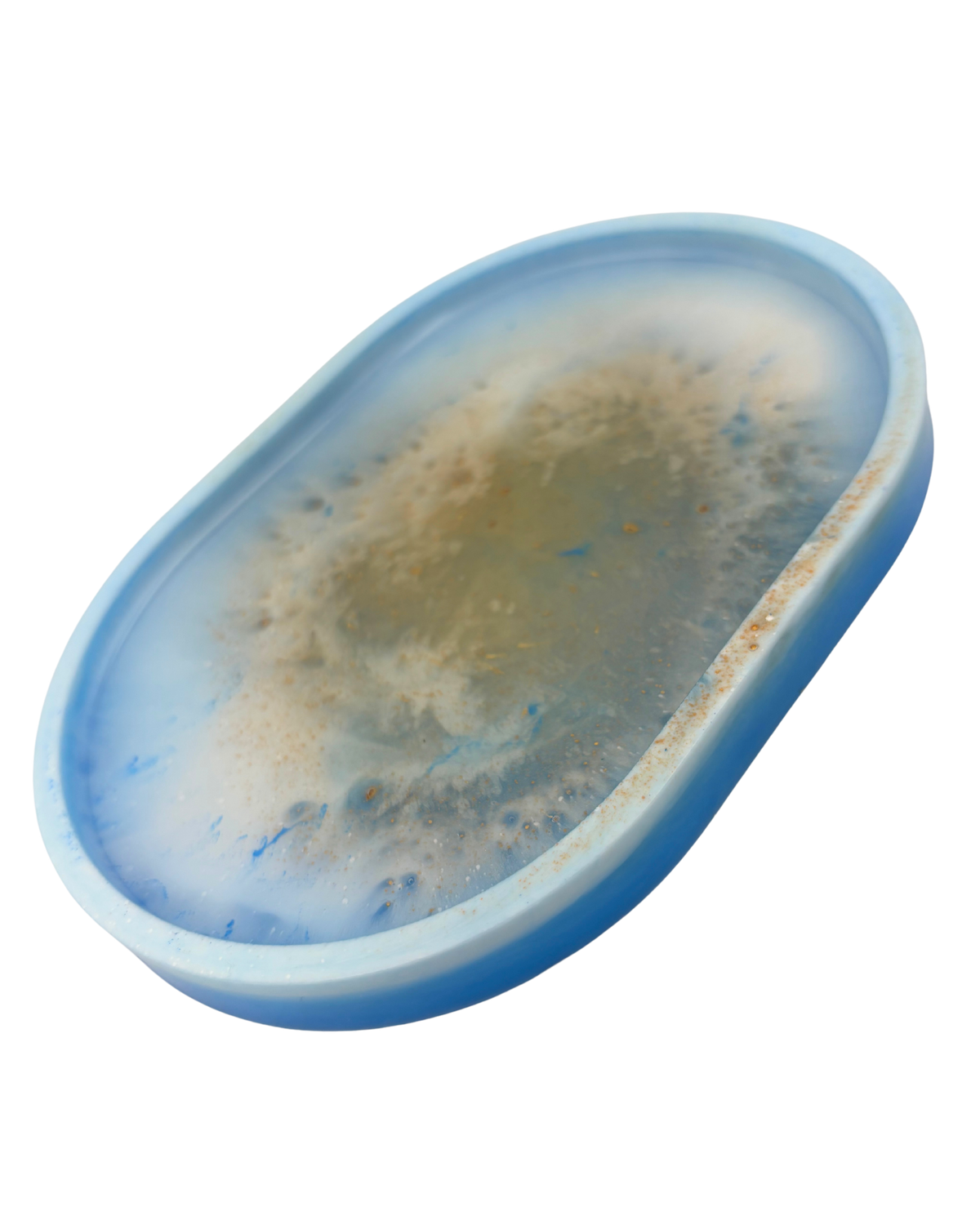 an oval resin tray with blue, white, and gold features on a white background