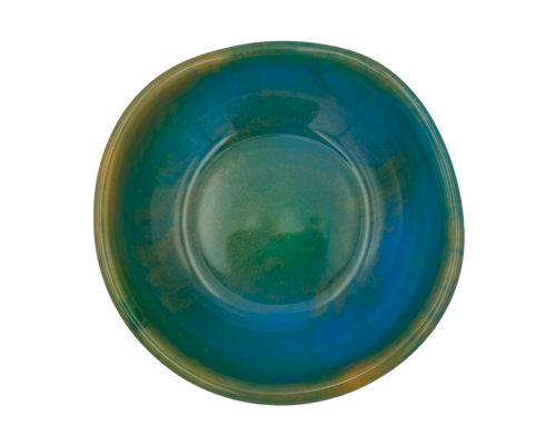 A round resin bowl with a marbled glaze transitioning from deep teal-blue to green and brown, shown from a top-down view on a white background.
