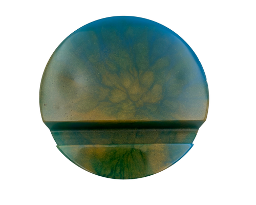 circular resin phone holder with blue, green, and gold swirls on white background
