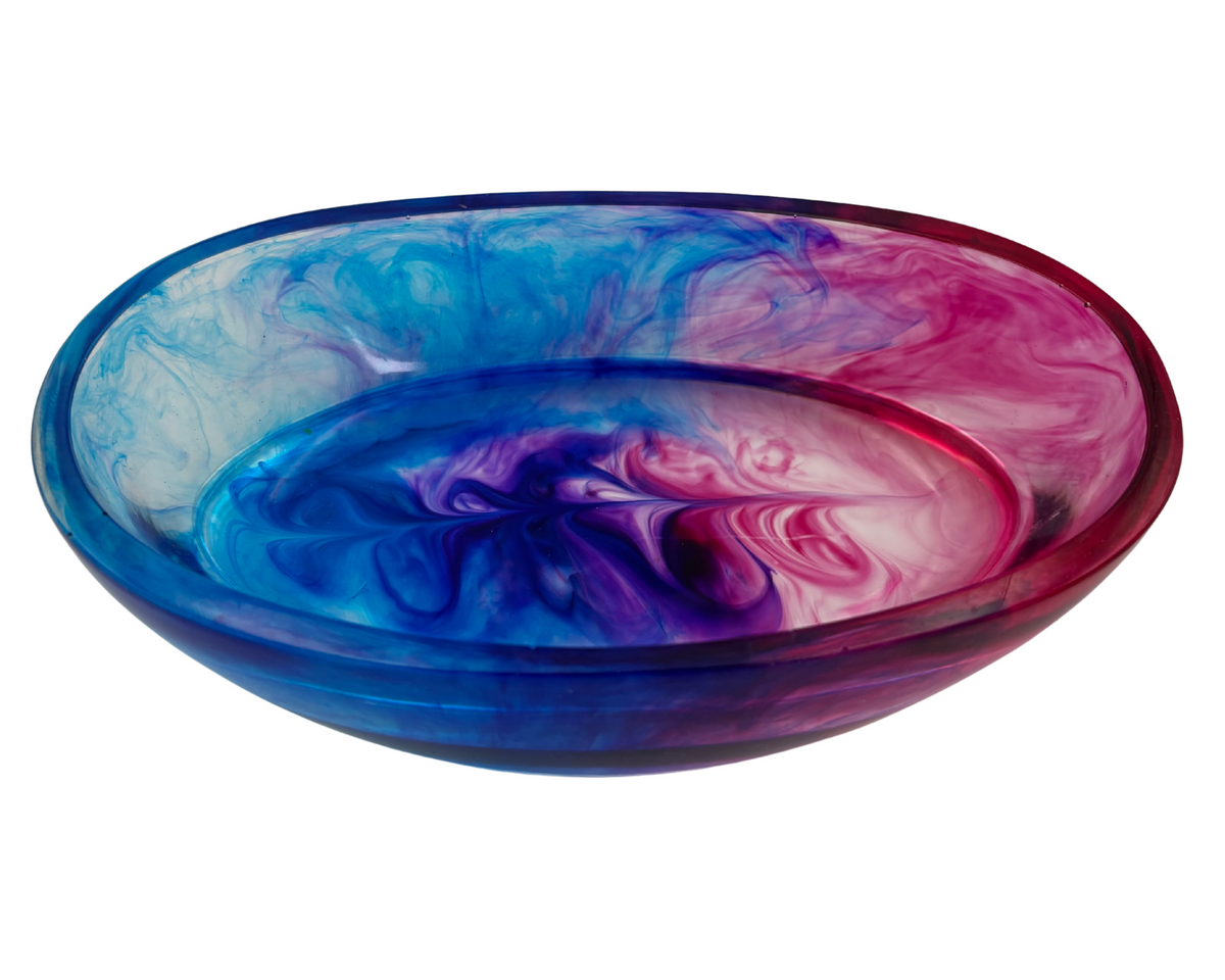 Oval resin dish with blue and pink swirls