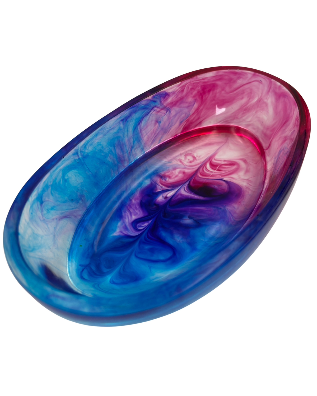 Oval resin dish with blue and pink swirls