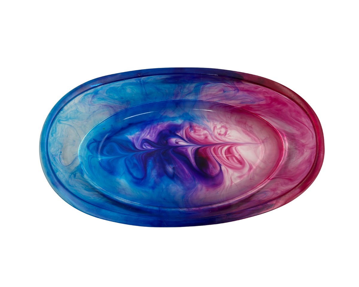 Oval resin dish with blue and pink swirls