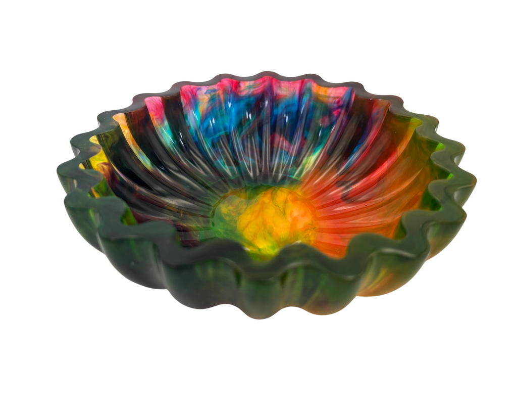 colorful resin bowl with scalloped edges