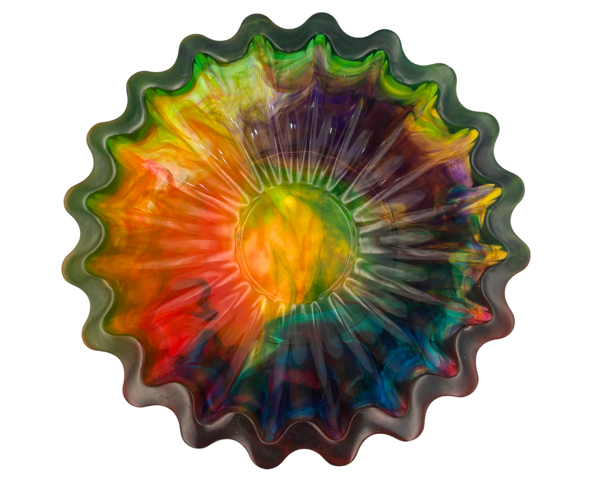 colorful resin bowl with scalloped edges