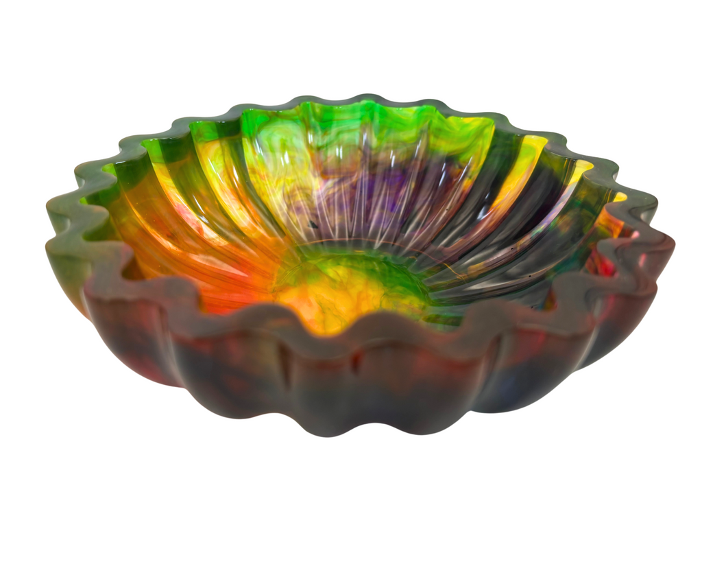 colorful resin bowl with scalloped edges