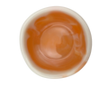 A top-down view of a small, round, off-white resin dish with orange swirls, isolated on a solid white background.
