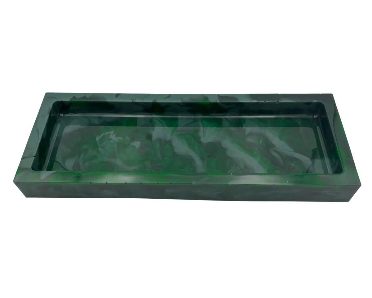 A rectangular green resin tray with a marbled pattern, shown from a top-down perspective on a white background.