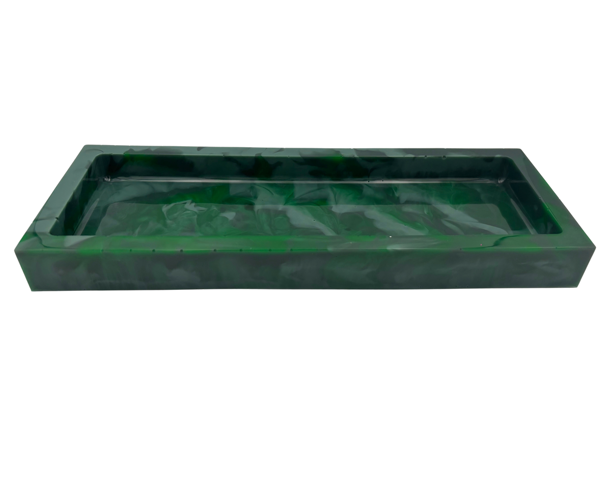 A rectangular green resin tray with a marbled pattern, shown from a top-down perspective on a white background.