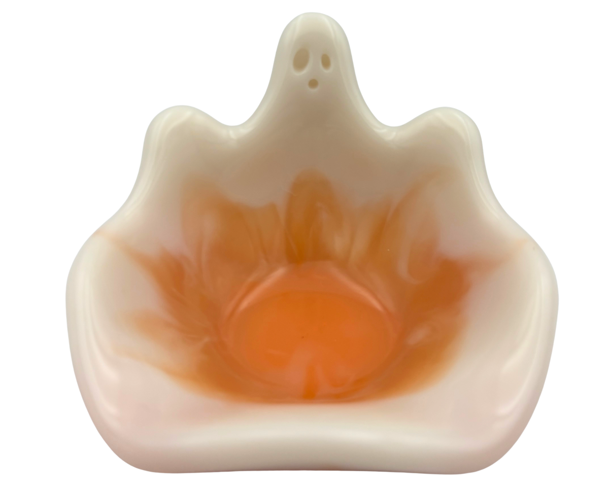 white resin ghost Dish with orange center, on a white background