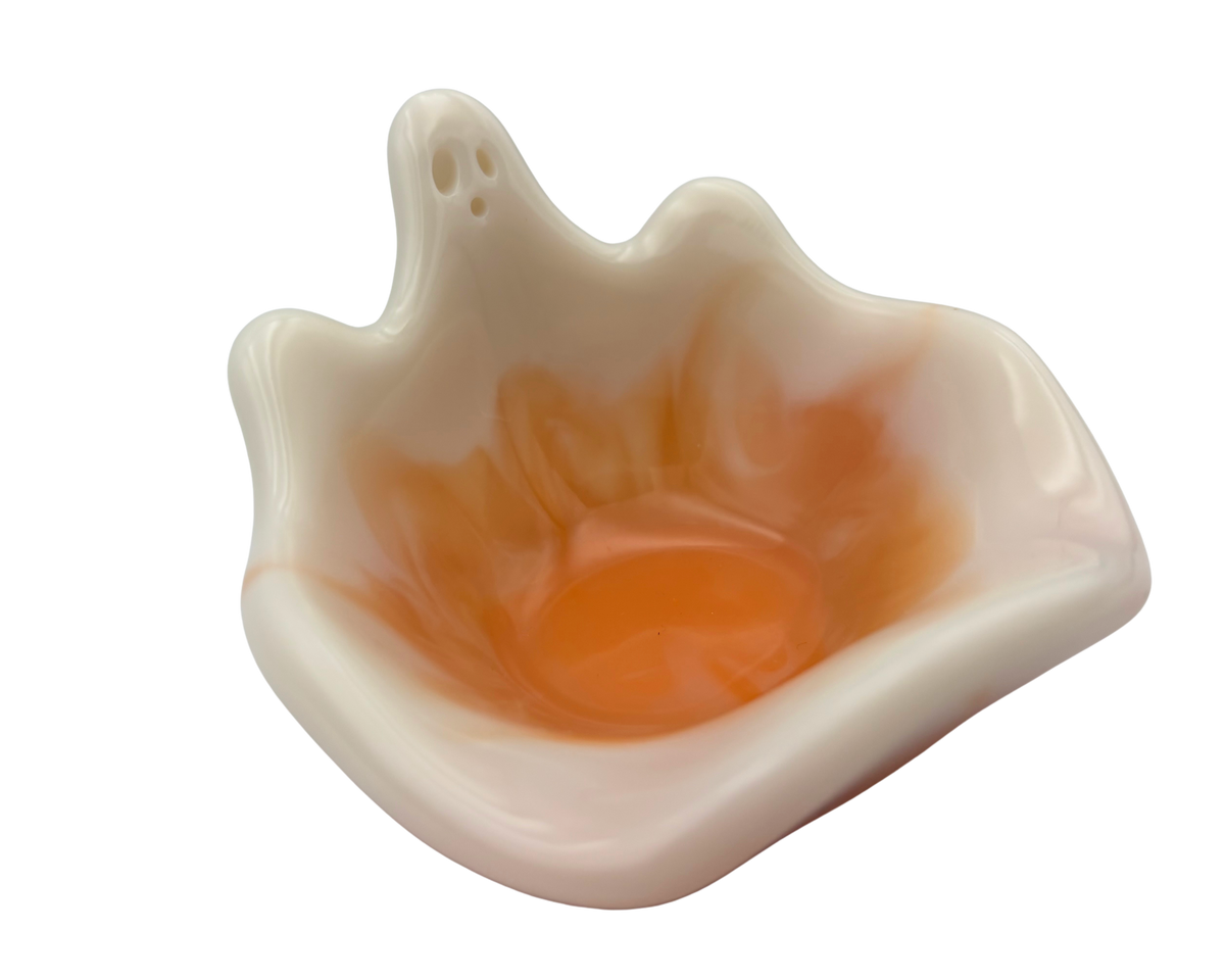 white resin ghost Dish with orange center, on a white background