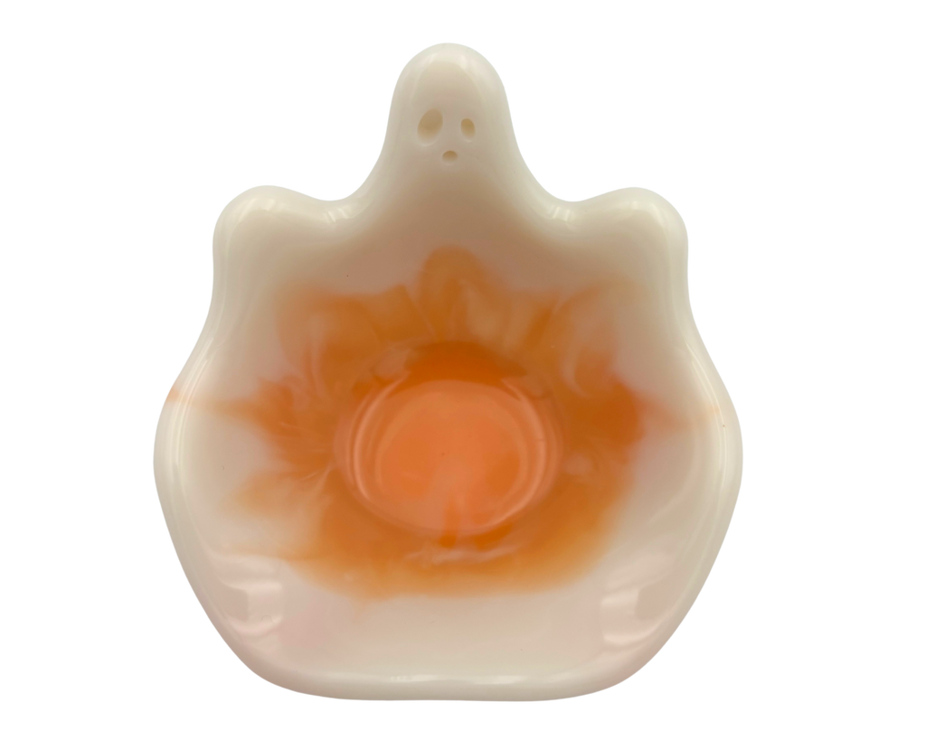 white resin ghost Dish with orange center, on a white background