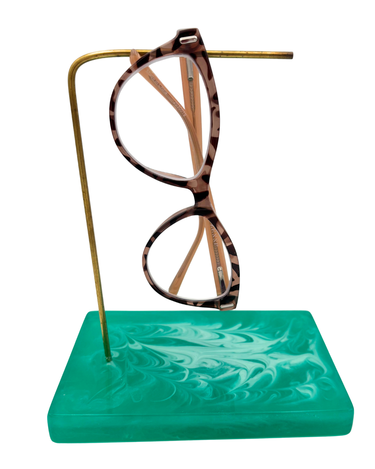 Green resin base glasses holder with pair of glasses on brass rod