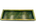 A rectangular resin tray with a thick gold-toned border and a dark green base with gold flecks shown on a plain white background.