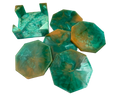 A set of octagonal resin coasters and a matching octagonal tray with a raised rim, featuring a marbled swirl pattern of green, teal, and amber-orange resin on a plain white background.