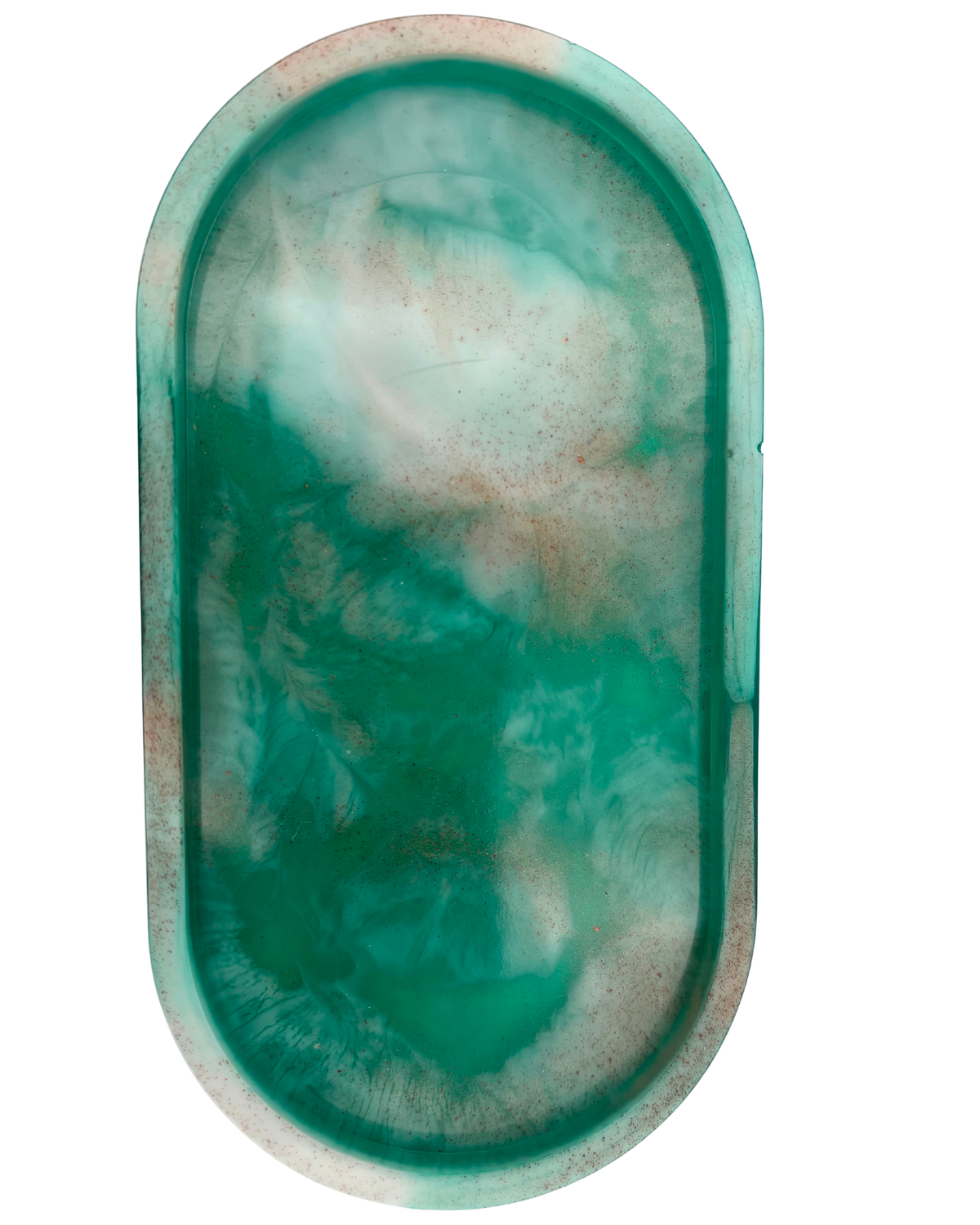 An oval resin tray with a marbled teal, green, and white pattern and subtle brown speckles, isolated on a white background.