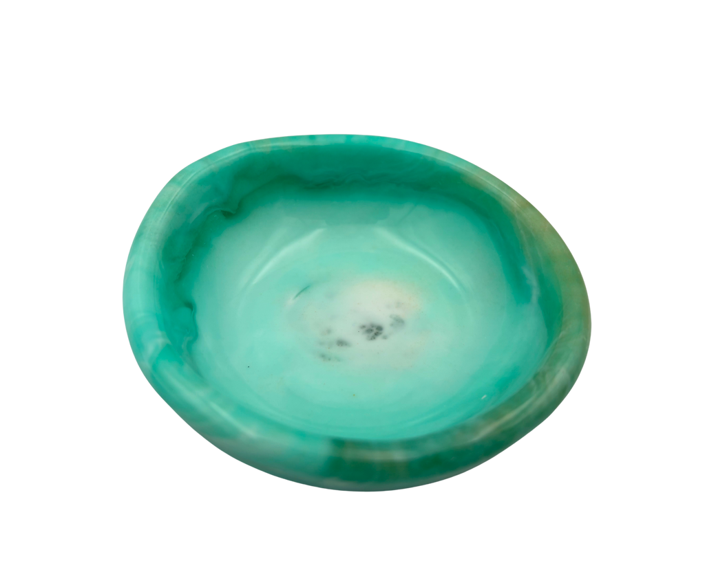 A polished turquoise resin dish with a smooth, rounded interior and natural marbled patterns of teal, green, and white, shown on a solid white background.