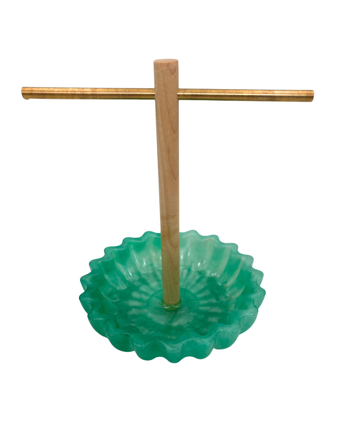 Green resin tray with wooden and brass jewelry holder