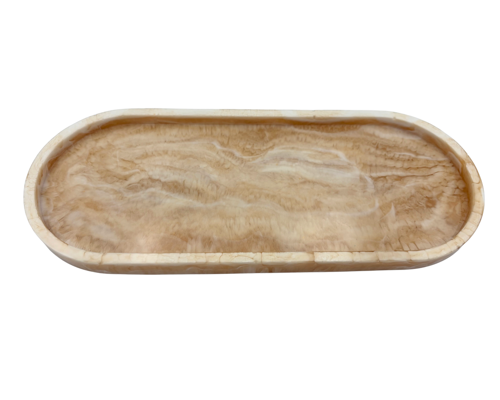 An oval resin tray with a marbled beige pattern , shown from a top-down perspective on a white background