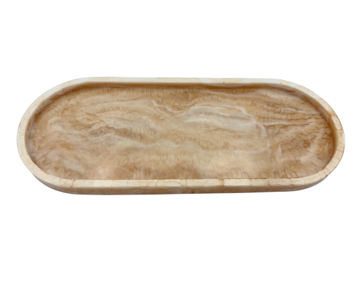 An oval resin tray with a marbled beige pattern , shown from a top-down perspective on a white background