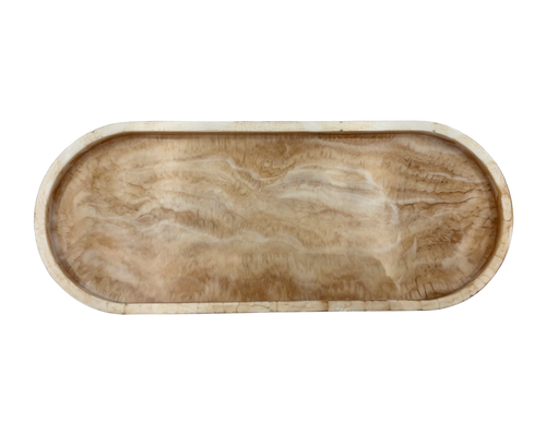 An oval resin tray with a marbled beige pattern , shown from a top-down perspective on a white background