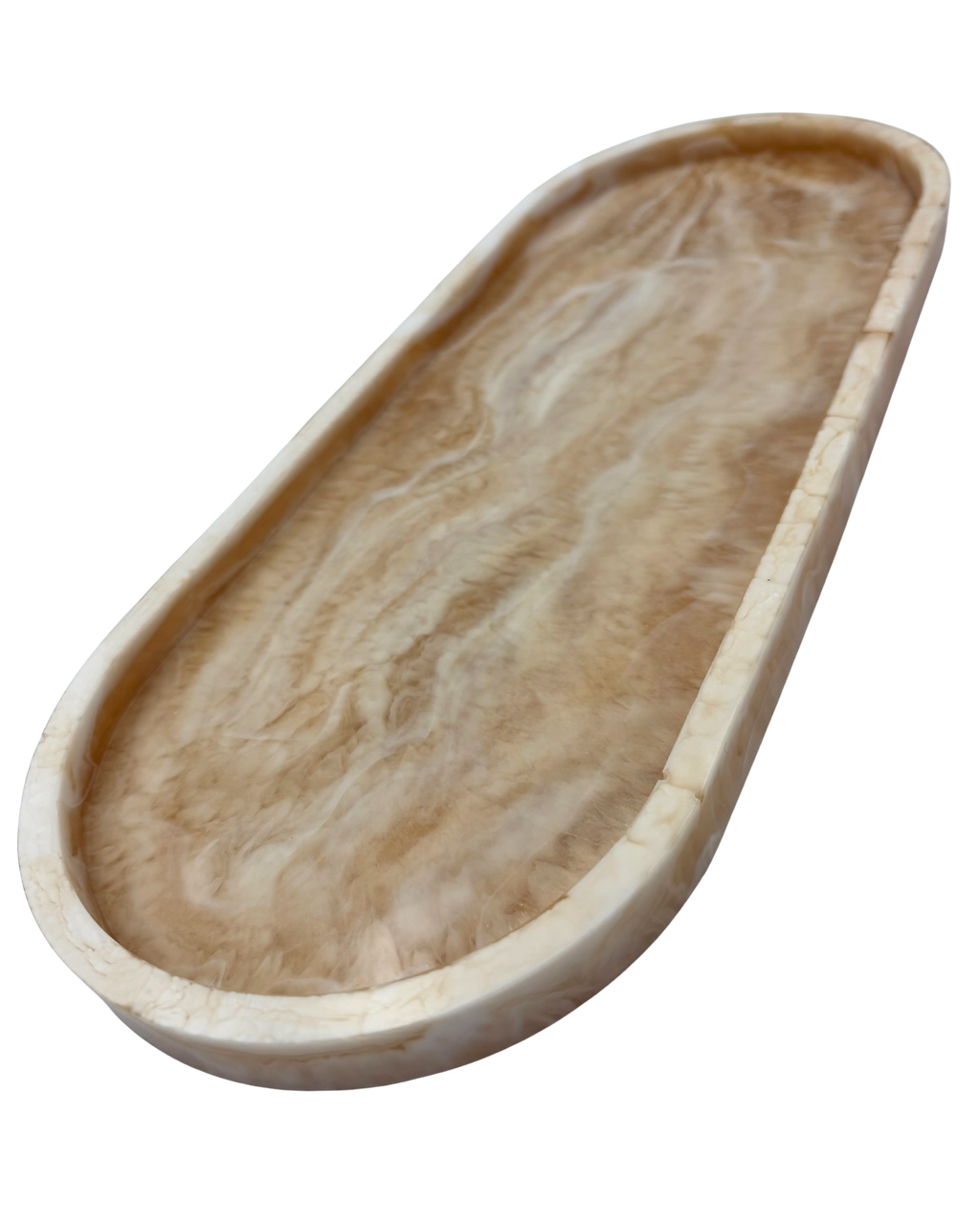 An oval resin tray with a marbled beige pattern , shown from a top-down perspective on a white background
