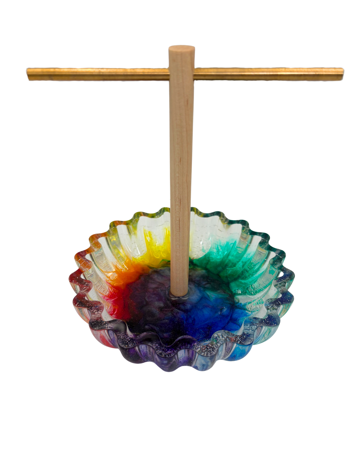 Colorful resin bowl with a wooden and brass jewelry tree