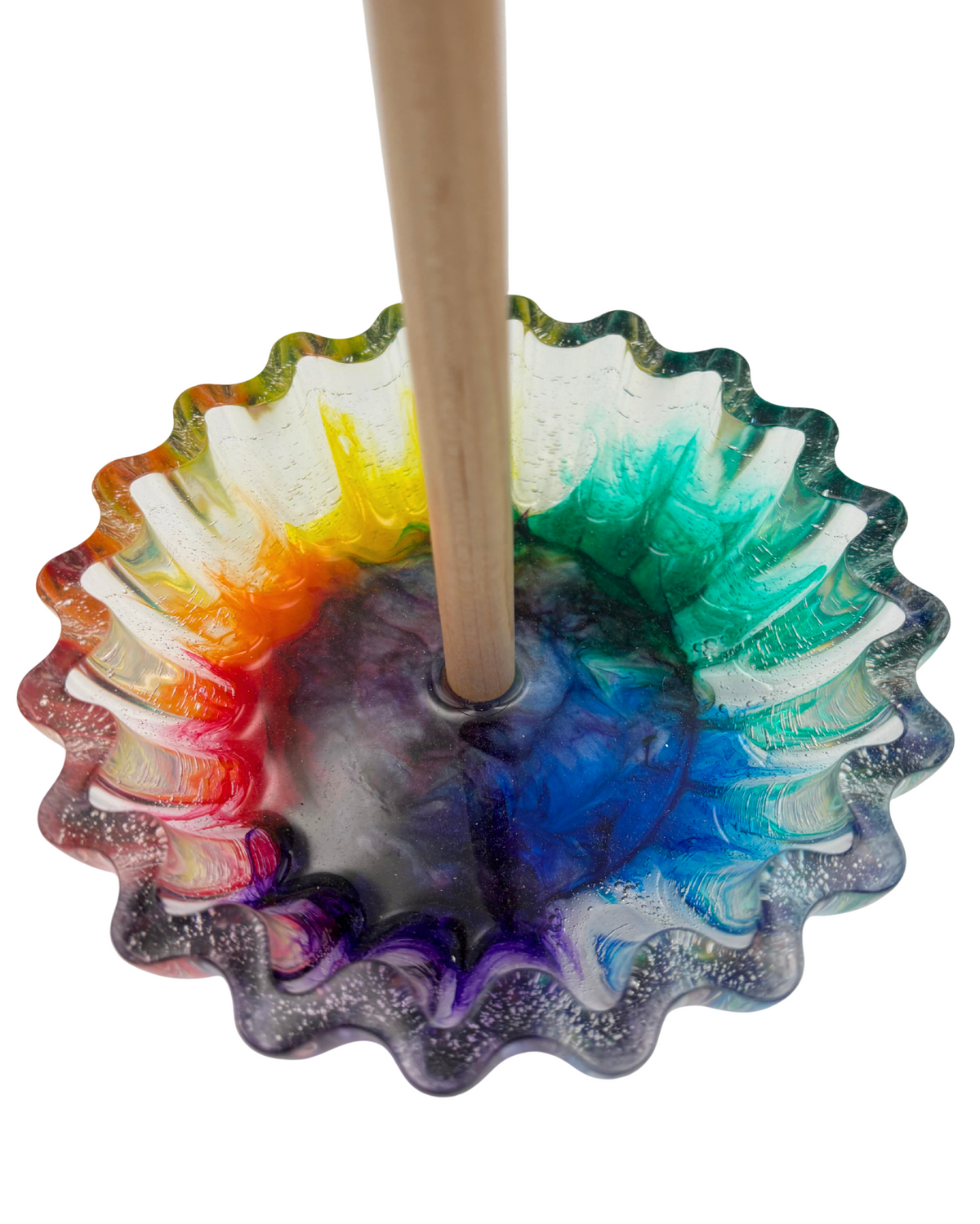 close up of colorful resin bowl base of jewelry holder