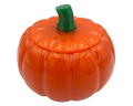 An orange pumpkin-shaped container with a matching lid and a green stem, shown on a plain white background.