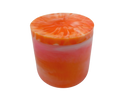 A cylindrical container with a lid, featuring a marbled design of vibrant orange, pink, and white layers, isolated on a white background.