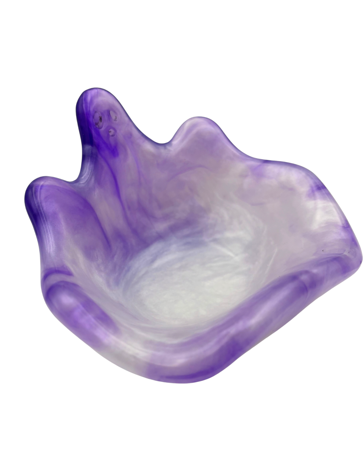 A purple and white resin bowl with a wavy, organic shape, isolated on a solid white background.