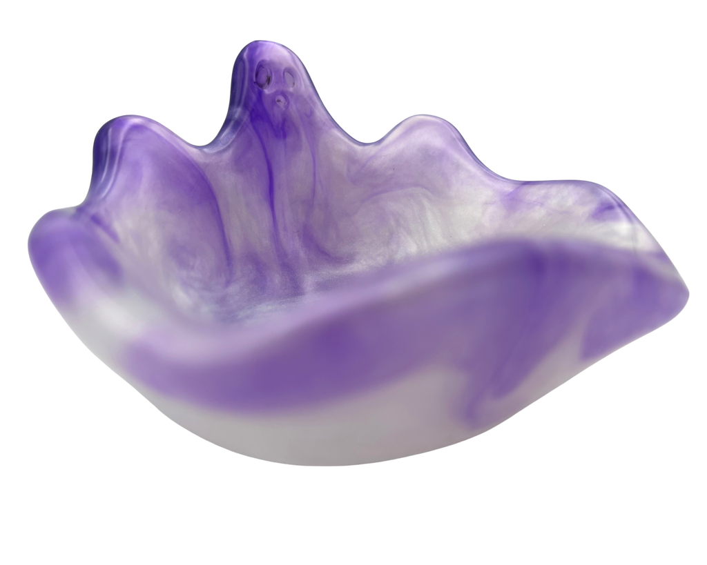 A translucent purple and white resin bowl with an organic, wavy rim, shown on a solid white background.