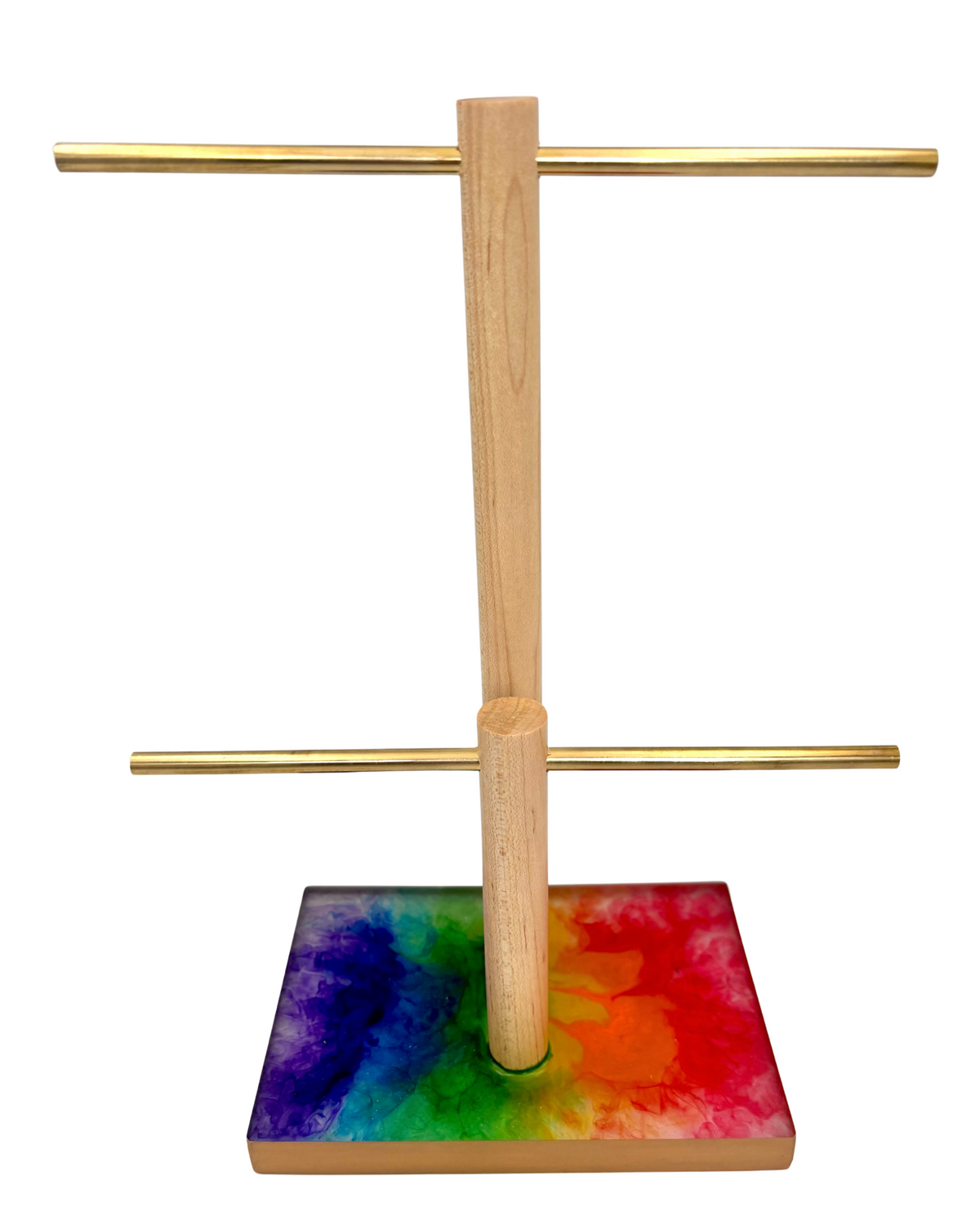 Jewelry stand with colorful base and two tiers on a white background
