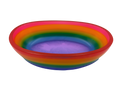 A shallow oval resin bowl with a vibrant rainbow gradient design, featuring concentric bands of red, orange, yellow, green, blue, and purple on a plain white background.