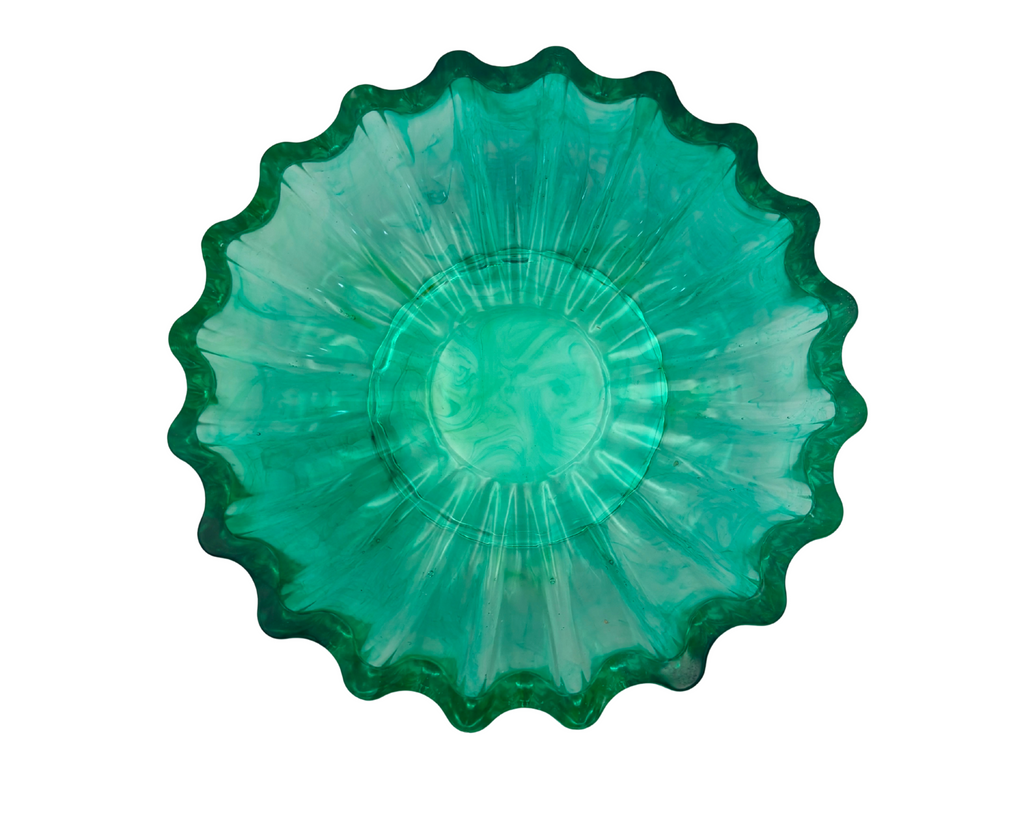 Green resin bowl with scalloped edges