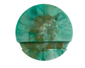 a round phone stand made of resin with teal and bronze patterns, on a white background