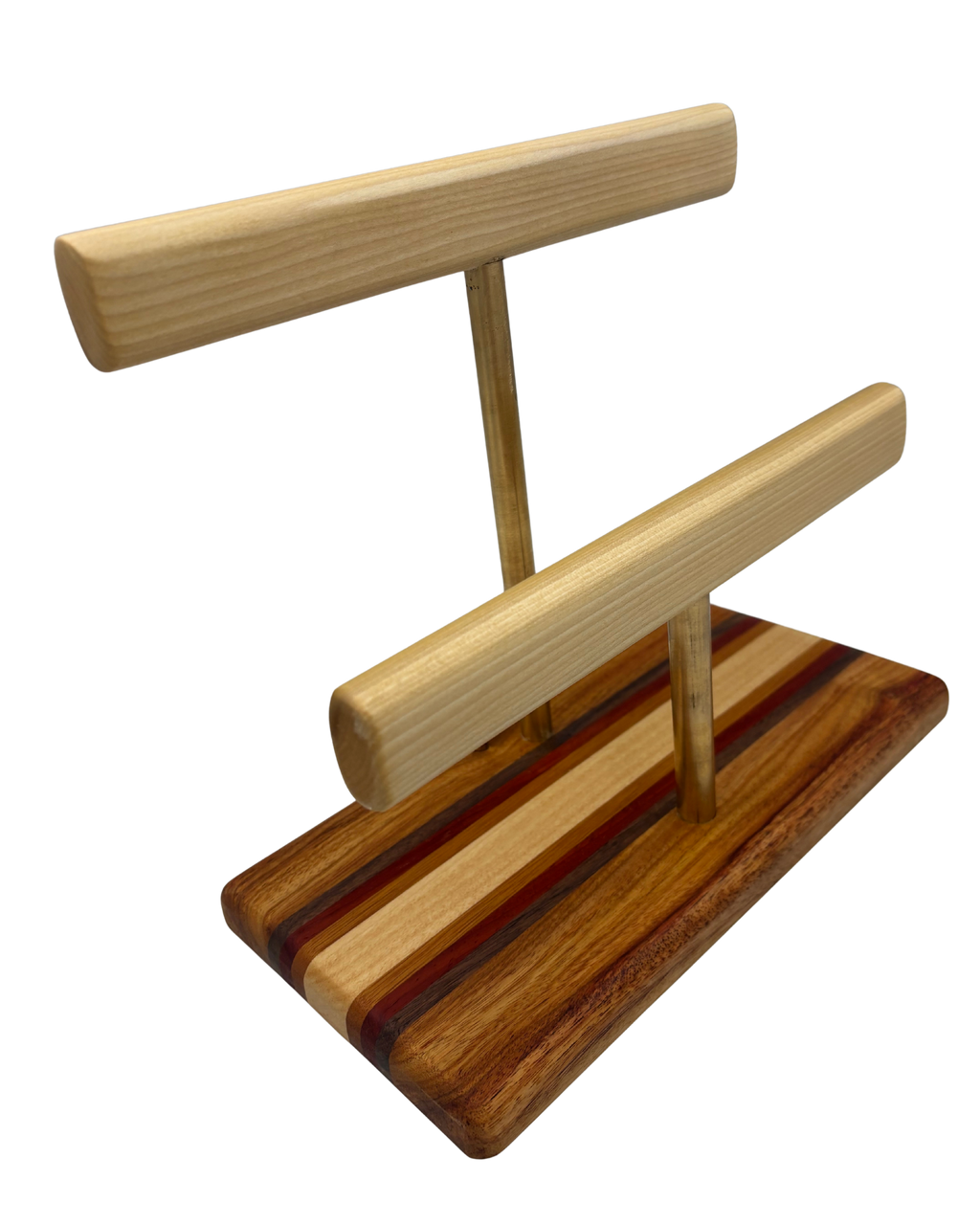 A wooden jewelry display stand with two horizontal bars mounted on a striped wood base, shown against a plain white background.